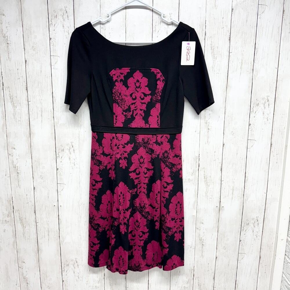 Plenty Tracy Reese Dress Women Sz 4 Black Red Damask Boat Neck Short Sleeve Midi
